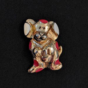 Vintage Gold Tone Red Cream Enamel Spotted Begging Puppy Dog Brooch Pin